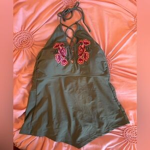 Arizona Olive Takini Swim Top with Floral Embroidery